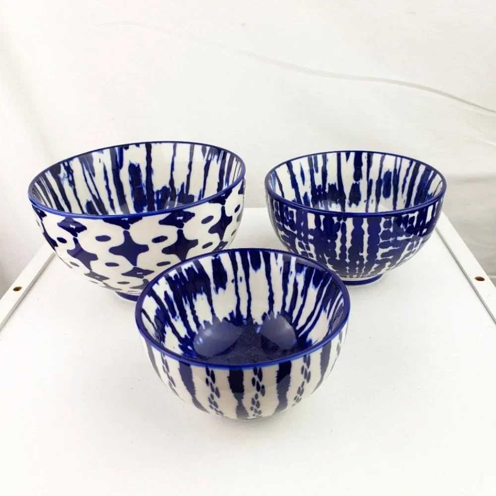 West Elm Set of Three Indigo Tie-Dye Nesting Bowls